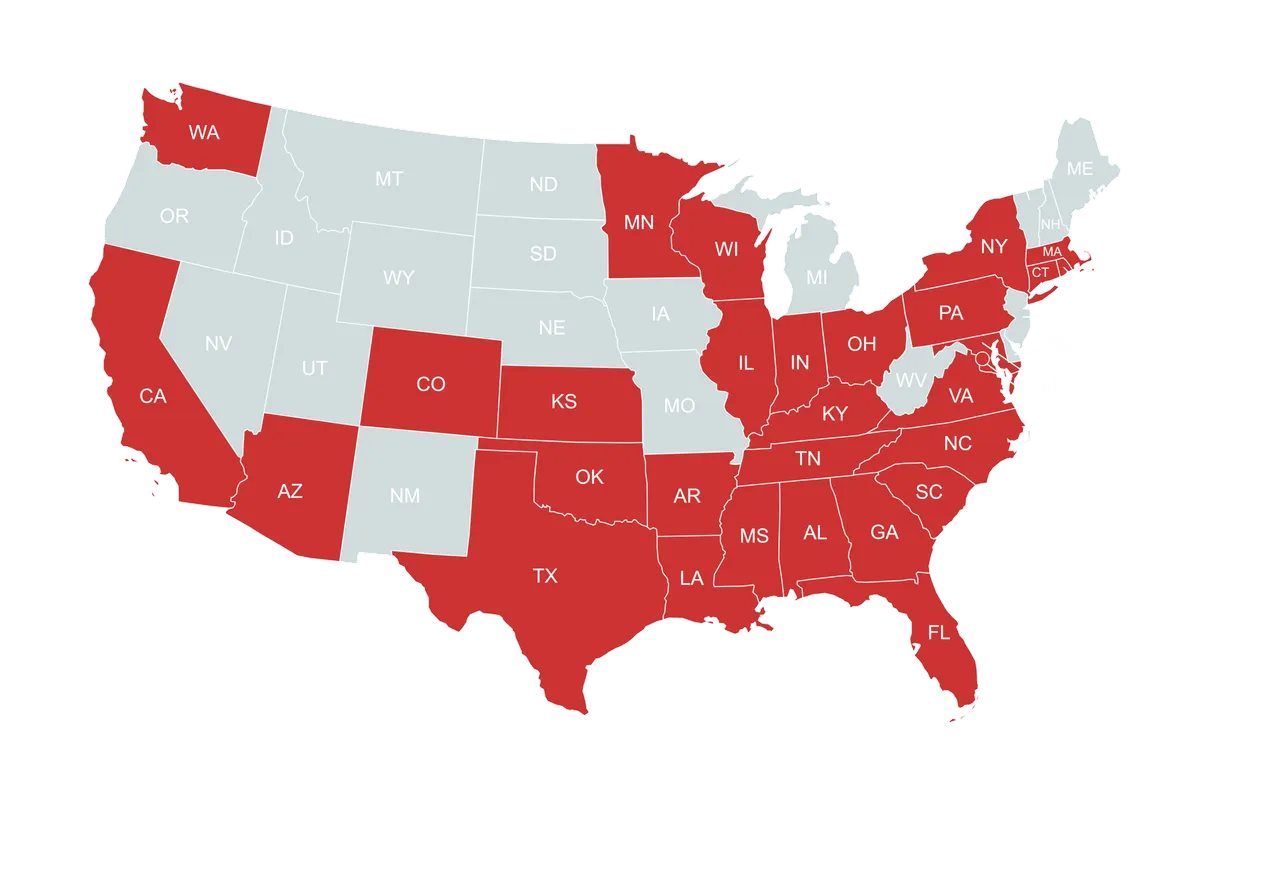 Map of the United States highlighting the states where Square Parking has consulted